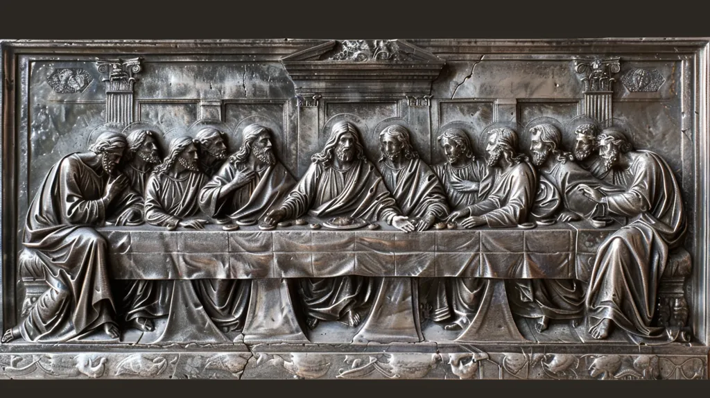 A silver bas-relief sculpture depicts the Last Supper.  Jesus sits at the center of the table, surrounded by his twelve disciples.  The scene is set in a simple room, with a table covered in a tablecloth and plates.  The figures are all carved in great detail, with expressive faces and flowing robes.  The sculpture is a powerful reminder of the importance of faith and the sacrifice that Jesus made for humanity.