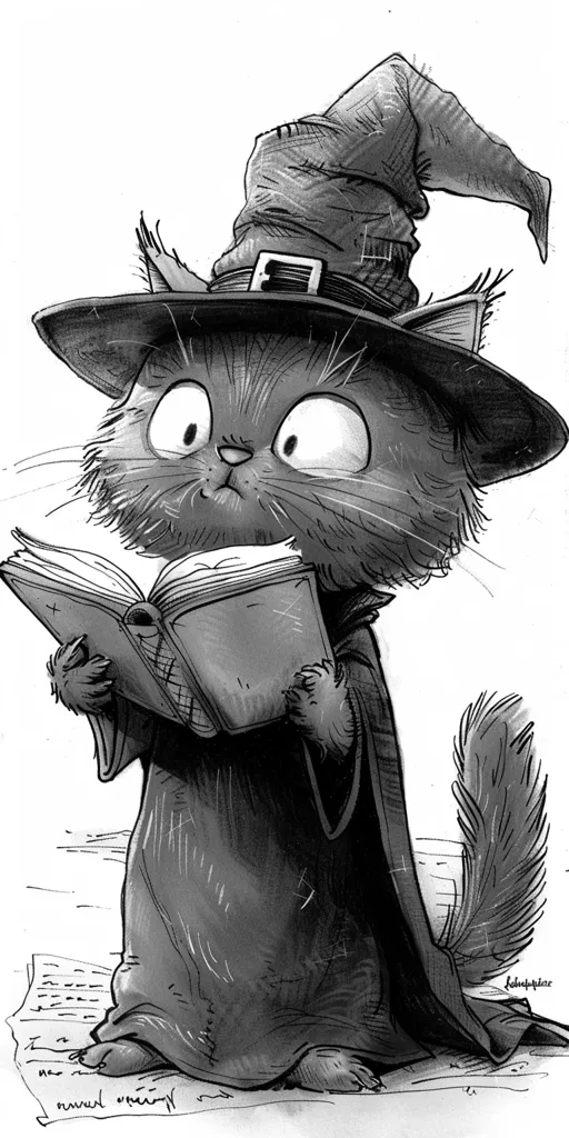 A black cat with large, round eyes and a pointy nose is dressed as a witch. It wears a wide-brimmed hat with a buckle, a long, flowing robe, and holds an open book in its paws. The cat appears to be studying or practicing some form of magic, with a serious and focused expression. The artwork is drawn in black and white, creating a stark and dramatic visual. The details of the cat's fur and the folds of its robe are drawn with precision, making it a delightful and whimsical image.