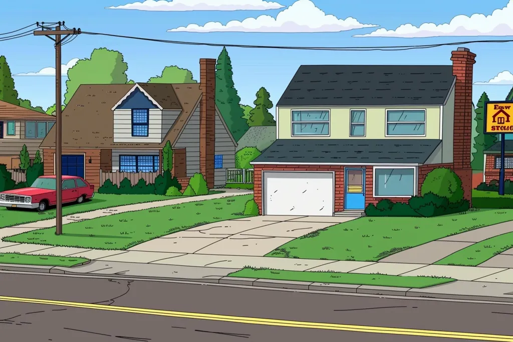 The image is a cartoon depiction of a suburban street with houses and a red car parked in front of one of them. The houses are all single-story and have green lawns. The street is paved with concrete and has a yellow line down the middle. In the background, there is a sign that reads "Easy Storage." There are trees and bushes along the street.  The sky is blue with white clouds.  The image is drawn in a simple, cartoony style.