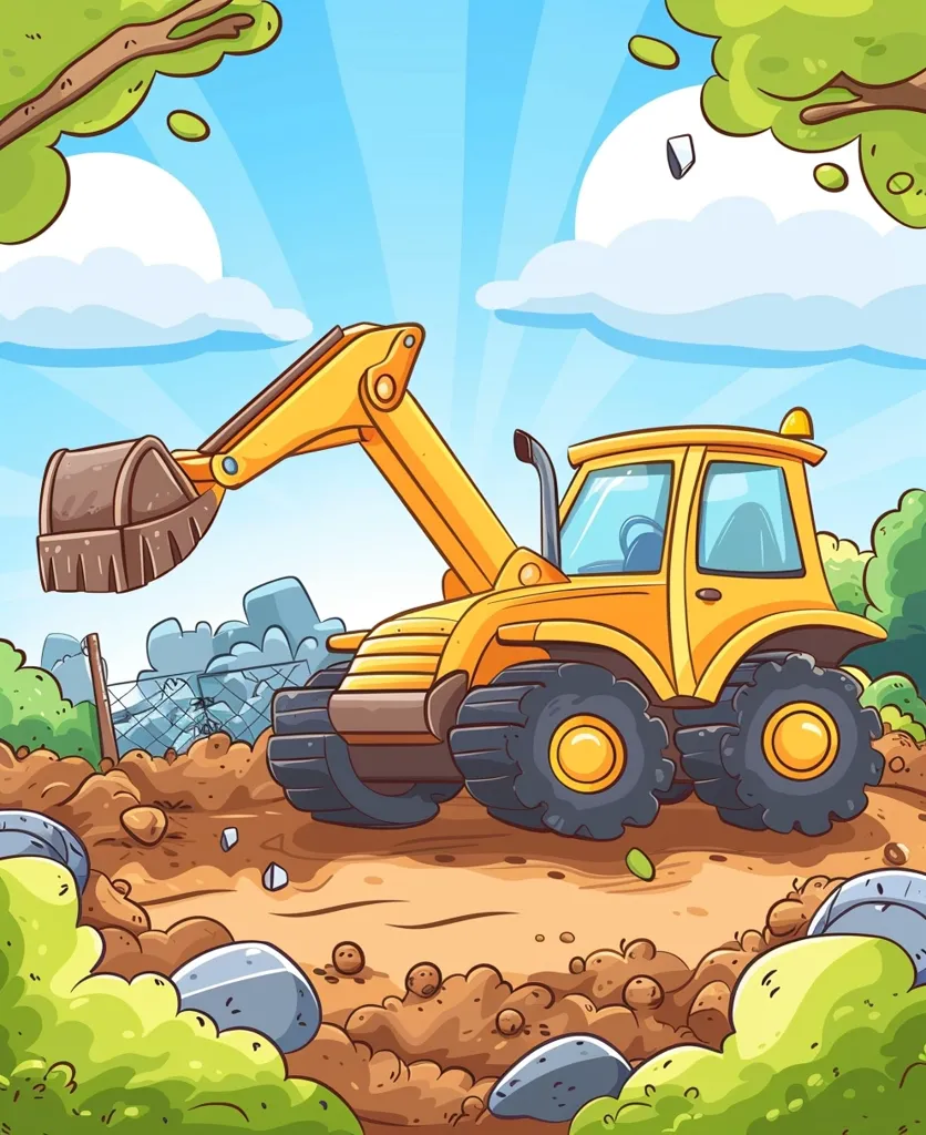 A cartoon illustration depicts a yellow excavator parked on a dirt patch. It is surrounded by green bushes and rocks, with a blue sky with clouds above. The excavator has a large bucket and large tires, and the scene is drawn in a playful and whimsical style. The image suggests a construction or development site.