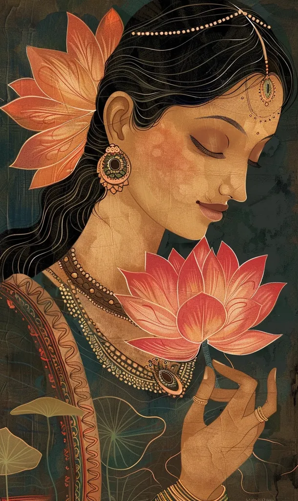 A woman with long black hair adorned with elaborate jewelry, including a large earring, holds a pink lotus blossom in her hand. Her eyes are closed, and she is gazing down at the flower, suggesting a moment of peaceful contemplation. The background is a deep blue-green, reminiscent of nature, and the woman is dressed in a richly patterned garment. The overall style of the artwork is traditional and intricate, with a focus on capturing the beauty and spirituality of the subject.