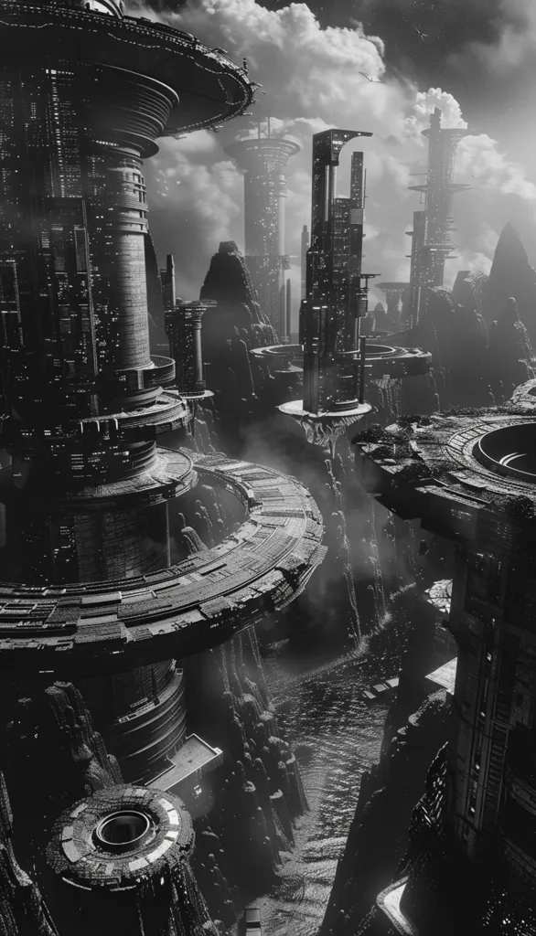 A black and white image of a futuristic cityscape with tall, cylindrical buildings connected by walkways and bridges. The buildings are surrounded by rocky cliffs and a river flows through the city. The image has a dark and moody atmosphere.