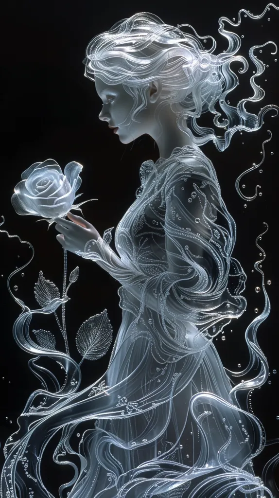 A delicate, translucent figure of a woman with long, flowing hair, rendered in a glass-like material. She holds a white rose in her hand, and her body is intricately detailed with swirling lines and bubbles, creating a dreamlike and ethereal atmosphere. The background is a stark black, making the figure stand out in stark contrast. The image is a beautiful and intricate piece of art that evokes a sense of grace and fragility.