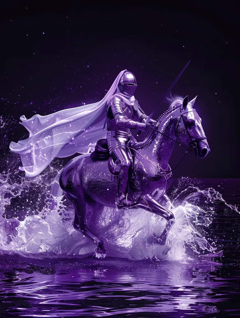 A knight in shining armor, clad in a flowing white cloak, rides a horse through a purple sea. The knight is armed with a sword and the horse is rearing up, creating a splash of water. The scene is bathed in a purple light, giving it a mystical and ethereal quality.