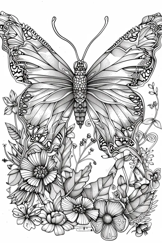 The image is a black and white illustration of a butterfly with intricate details on its wings. It is surrounded by a variety of flowers and leaves, all drawn in a delicate and detailed style. The image is reminiscent of a coloring book page, with its intricate details and clean lines.