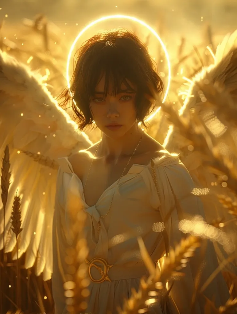 A young woman with short black hair stands in a field of tall golden grass, bathed in warm sunlight. A halo of light circles her head, and feathery white wings emerge from her back. She wears a flowing white dress with a golden belt, her expression serene and contemplative. The image evokes a sense of ethereal beauty and spiritual connection.