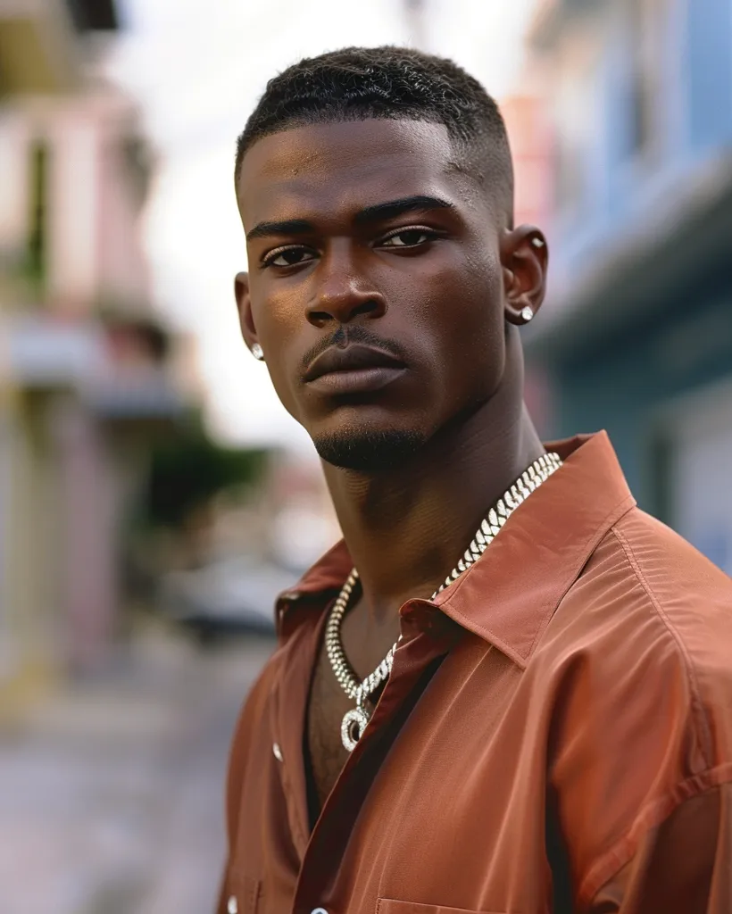 A young black man with a short haircut and a goatee is wearing a brown button-down shirt and a silver chain with a large pendant.  He is looking intensely at the camera, his expression serious.  The background is blurry, suggesting he is outdoors.  The image is well-lit and captures the man's sharp features.