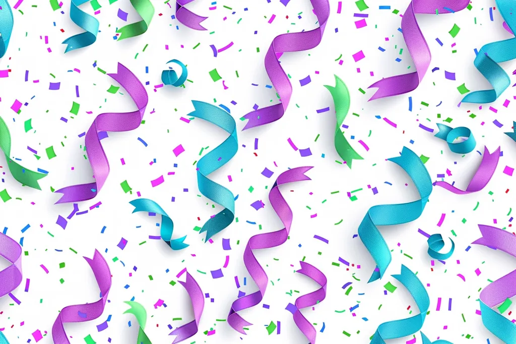 A white background is covered in colorful confetti and curling ribbons. The ribbons are in shades of purple, blue, and green. The confetti is small and in various shades of pink, blue, green, and red. The image gives a celebratory and joyful feel.