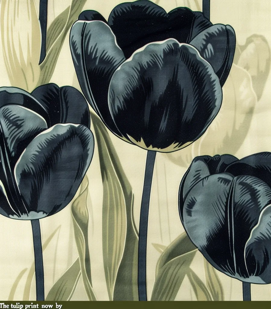 The image shows a close-up of a fabric with a tulip print. The tulips are a deep black and have a velvety texture. They are set against a pale yellow background with green leaves. The image is stylized and has a retro feel.