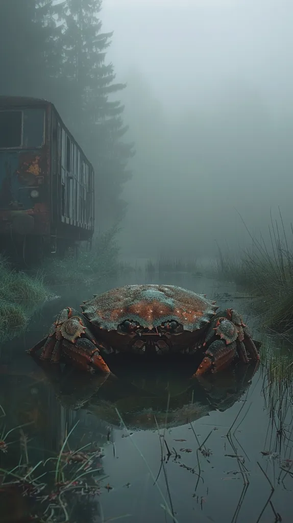 A large, ominous crab sits in a shallow, murky pond. It is partially submerged in the water, with only its upper body visible. The crab's shell is covered in a layer of grime, and its eyes are dark and intense. The background of the image is a thick fog, creating a sense of mystery and unease. A dilapidated bus is partly visible in the background, adding to the eerie atmosphere.