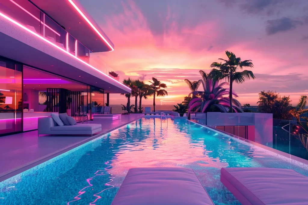 A modern, luxurious house with a large, sparkling swimming pool sits atop a cliff overlooking a stunning sunset. Palm trees sway gently in the warm breeze, casting long shadows across the pool deck.  The house is lit with vibrant pink neon lights, creating a dreamy and sophisticated atmosphere.  The scene exudes relaxation, opulence, and tropical tranquility.