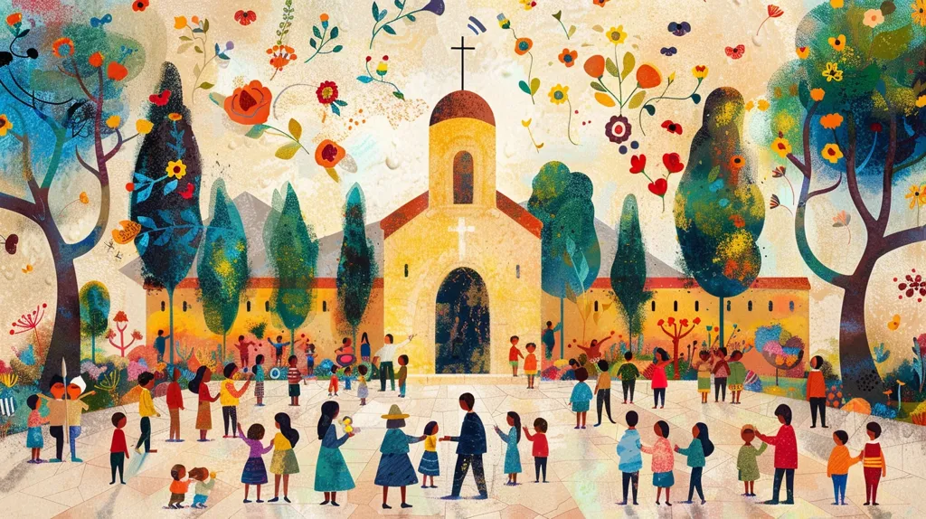 The image depicts a church in a vibrant, colorful setting. The building stands in the center, surrounded by trees, flowers, and people. The trees have lush green leaves and colorful blossoms, and the flowers are scattered throughout the scene, adding a sense of joy and beauty. The people are gathered around the church, seemingly coming from or going to a special event. The artwork captures a sense of community and togetherness.