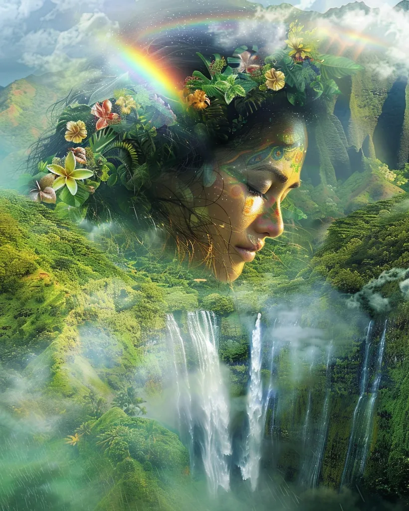A woman's face, adorned with flowers and leaves, emerges from a lush tropical landscape.  A rainbow arcs above her head, its colors dissolving into the mist that hangs over a waterfall cascading down a rocky cliff. The scene evokes a sense of wonder and the interconnectedness of nature.  The woman's eyes are closed, suggesting peace and serenity.