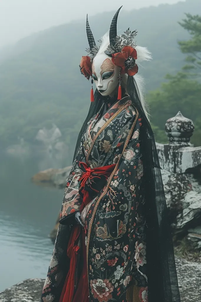 A woman in a flowing black kimono with intricate floral patterns stands before a misty lake, her face obscured by a white mask with red accents.  She wears a headdress adorned with red flowers, and black horns rise from the top, adding a mystical and otherworldly feel to her appearance. The image is a blend of beauty and mystery, inviting the viewer to imagine the story behind this enigmatic figure.