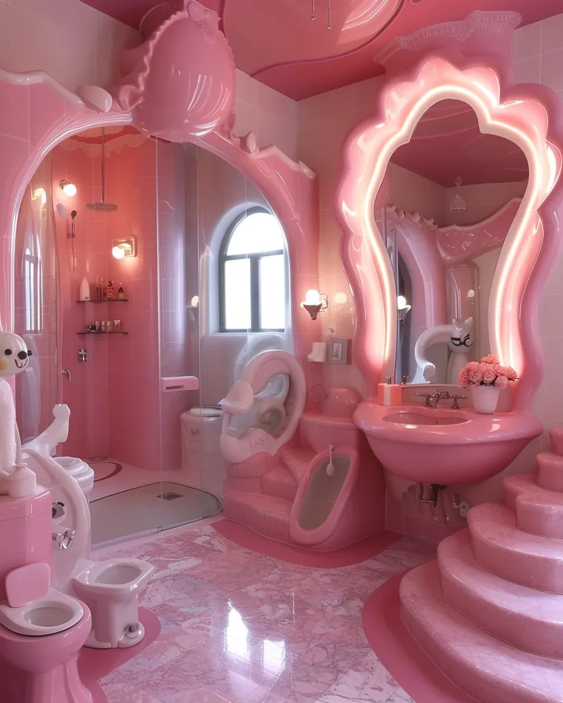 The image shows a bathroom decorated entirely in pink. The walls, floor, toilets, sink, and even the mirror are all pink. The bathroom is decorated with various whimsical pink shapes, and there is a small pink shower stall in the corner. The overall effect is very playful and girly.