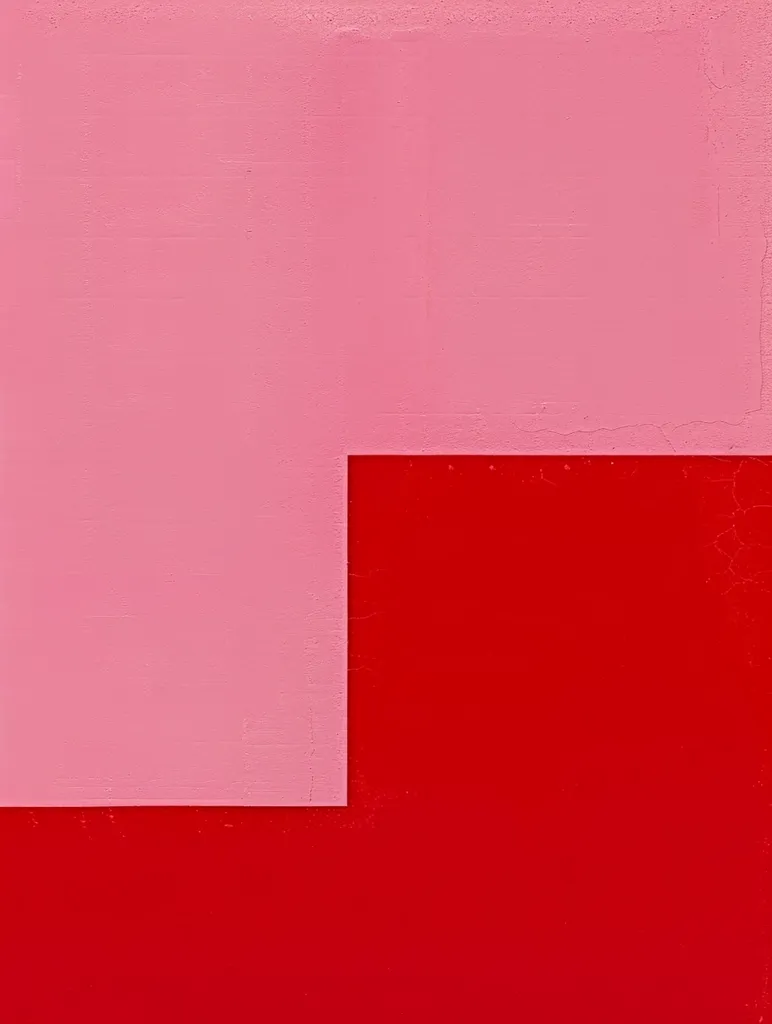 The image features a simple yet striking composition of two colors: a large pink square on top and a red square below, creating a single, larger red square at the bottom. The stark contrast between the two colors and the geometric shape create a bold and eye-catching visual. The textured surface of the wall adds a layer of depth and dimension to the image.