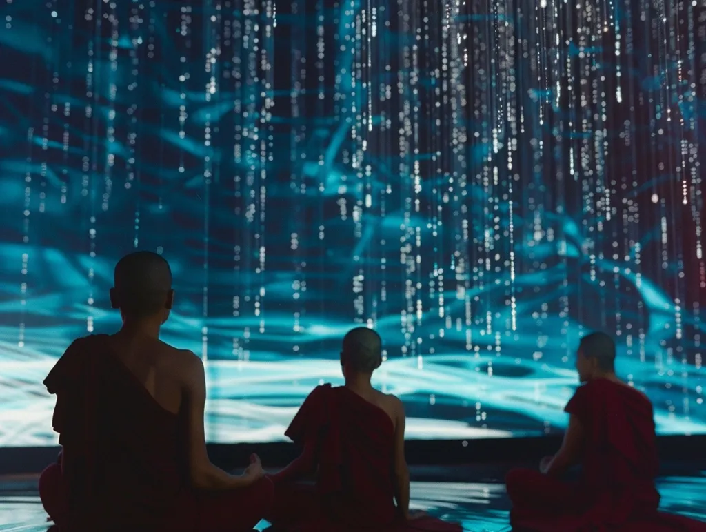 Three Buddhist monks sit in a row, meditating in front of a large screen displaying an abstract digital rain-like pattern in shades of blue. The monks are silhouetted against the screen, their robes a deep red. The scene is tranquil and contemplative.