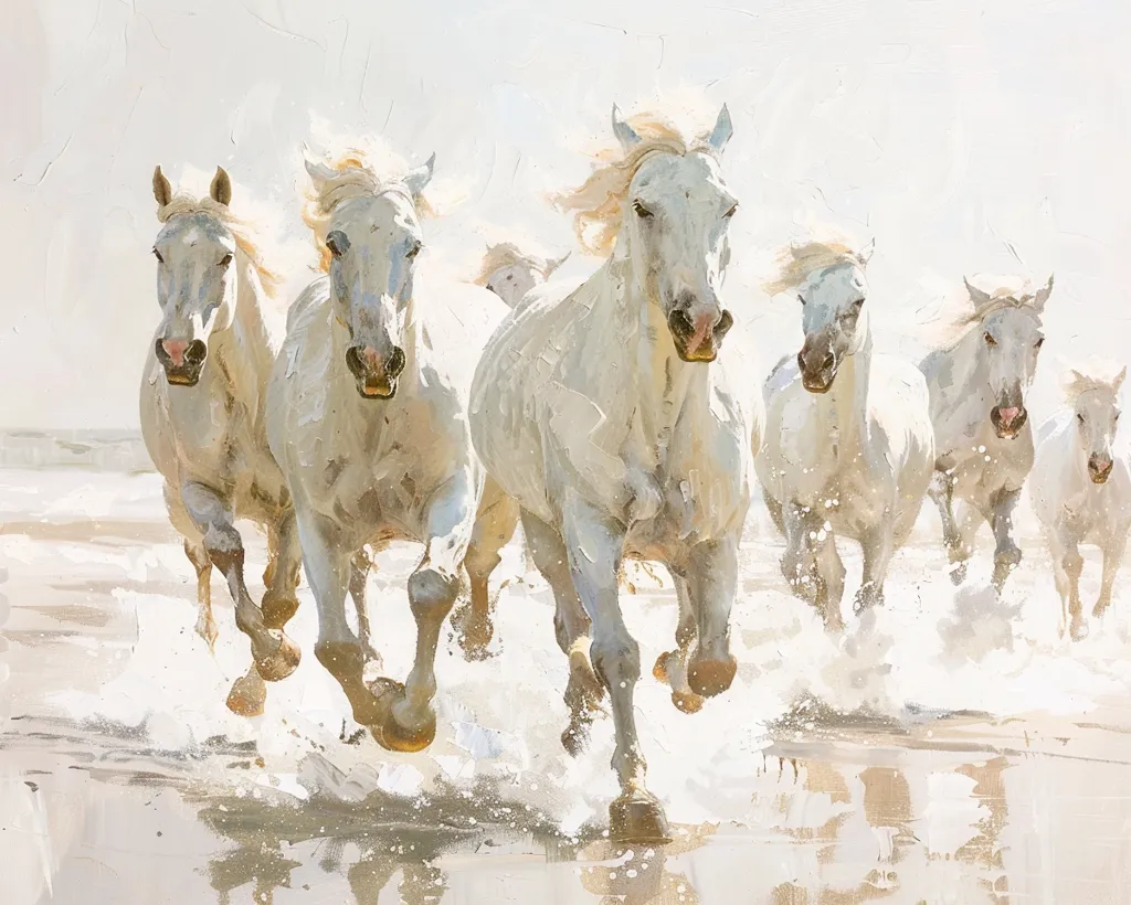A herd of seven white horses run through shallow water, their hooves kicking up splashes.  The horses are all in motion, with their manes and tails flowing in the wind. The background is a blurred white, giving the impression of a bright sunny day. The painting captures the beauty and power of these magnificent creatures.  The impressionist style gives the painting a soft, dreamy quality.