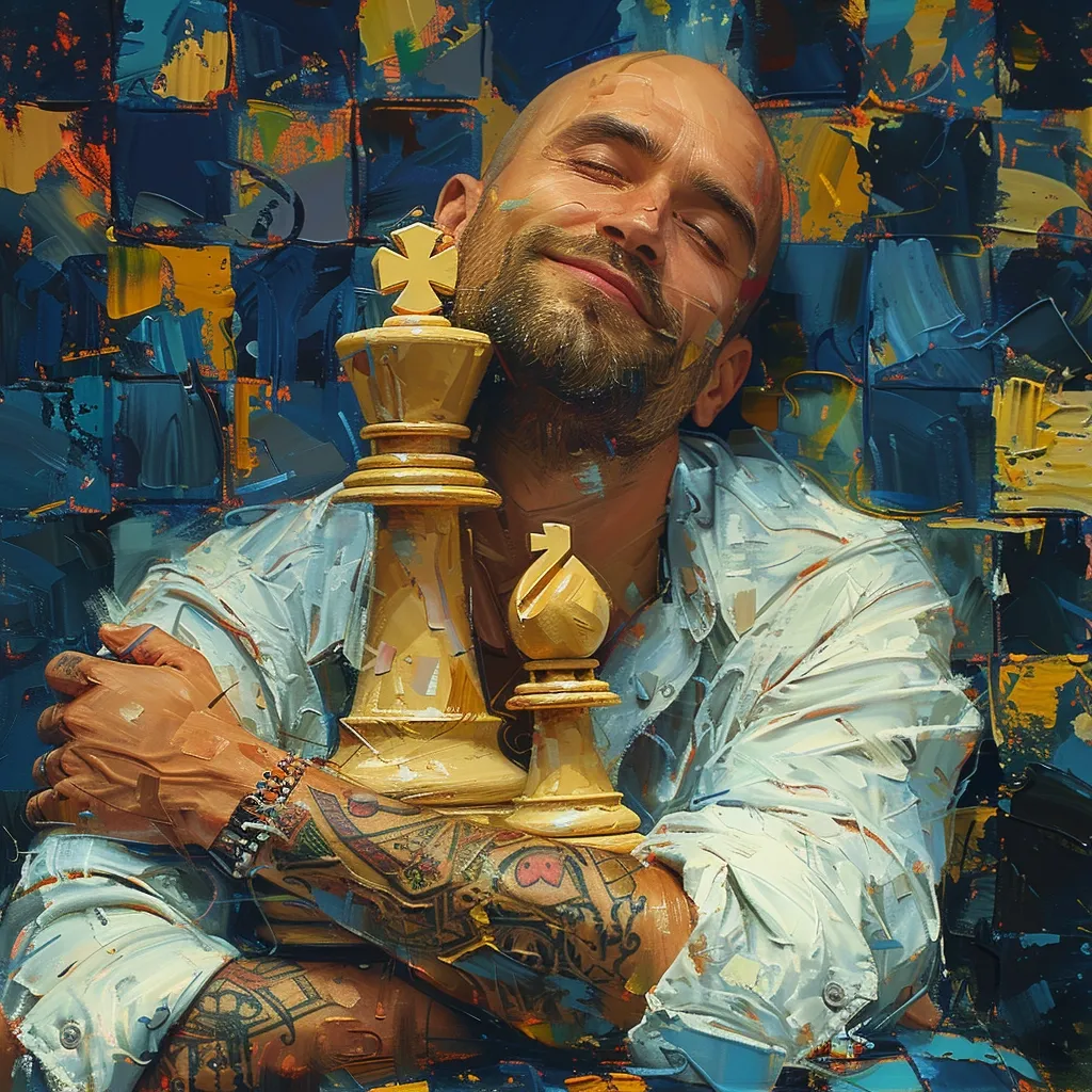 The painting depicts a man with a beard and a tattooed arm, embracing a chess King and Pawn piece. He is smiling with his eyes closed, suggesting a moment of peaceful reflection or victory. The background is a colorful, abstract rendering of a chessboard, adding a playful touch to the composition. The artwork highlights a sense of personal connection and the importance of strategy in life.