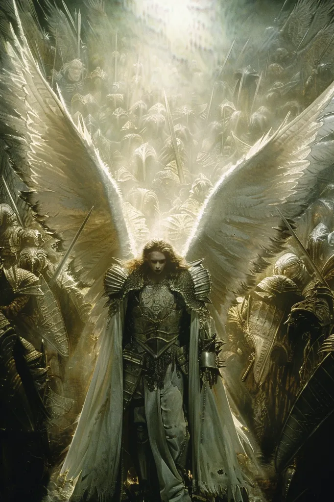 A celestial warrior, clad in shining armor and wielding a sword, stands amidst a host of angels. Their wings, vast and luminous, fill the canvas, while a soft glow emanates from the divine figures. The scene is shrouded in a mystical atmosphere, suggesting a moment of profound power and celestial presence. The warrior's determined gaze and the unwavering line of angels suggest a sense of righteous purpose.