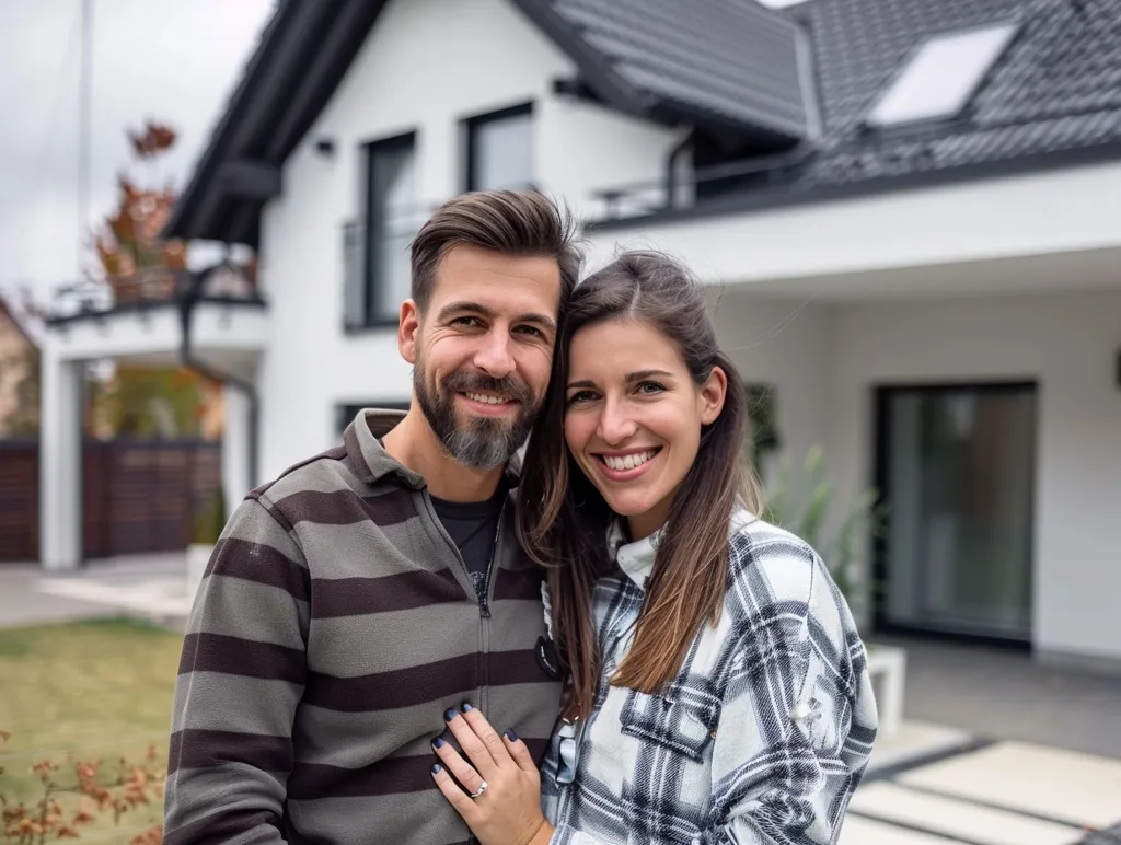 A couple stands in front of their new home. The man wears a striped sweater and the woman wears a plaid shirt. They both smile happily at the camera, standing on the lawn. The house behind them is modern, with large windows and a white exterior.  They appear excited and proud to be new homeowners.