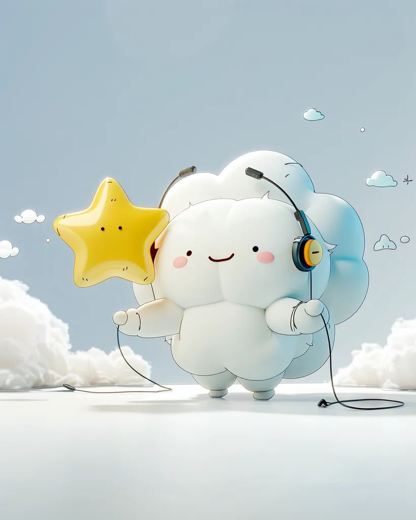 A fluffy, white, cartoon cloud character with a smiling face is holding a yellow star-shaped balloon and wearing headphones. The cloud is in a light blue sky, with white fluffy clouds surrounding it. It looks happy and carefree. The scene is whimsical and lighthearted.