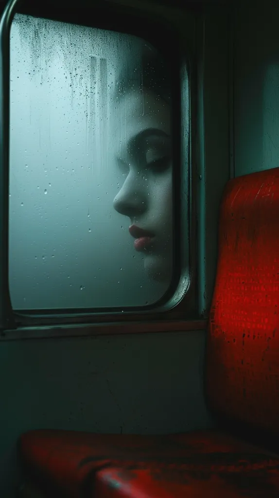 A woman's face is seen through a rain-streaked window on a public transit vehicle. She is gazing out the window with a neutral expression, her lips painted a bright red. The seat next to her is a bright red and takes up most of the foreground. The image evokes feelings of loneliness and isolation.