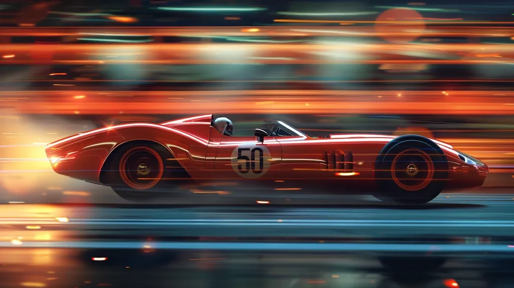 A red race car with the number 50 on the side speeds down a track, leaving a blur of motion behind. The background is filled with streaks of light and color, suggesting the speed and intensity of the race. The driver is wearing a helmet and focused on the road ahead. The scene captures the thrill and excitement of competitive racing.