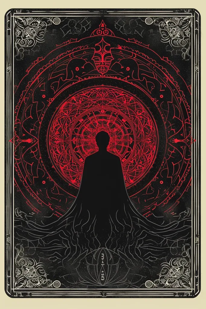 The image depicts a dark figure standing in the center of a circular, red, intricate design. The figure is a silhouette with a flowing cloak, possibly representing a supernatural being. The design around them is a complex pattern of circles, lines, and symbols, reminiscent of a mystical or magical sigil. The background is black, creating a stark contrast with the red design. The overall aesthetic is dark and mysterious, hinting at a story of occult or otherworldly powers.