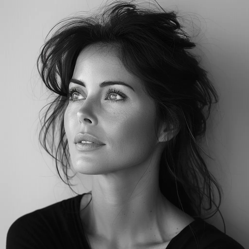 A black and white portrait of a woman with long dark hair. Her hair is messy and falls around her face. She is looking upwards with a soft expression. The image is taken from a low angle and focuses on her face and neck. The background is a plain wall. The lighting is soft and creates a gentle mood.  The woman's eyes are bright and her skin appears smooth and clear.  The overall tone of the image is serene and contemplative.