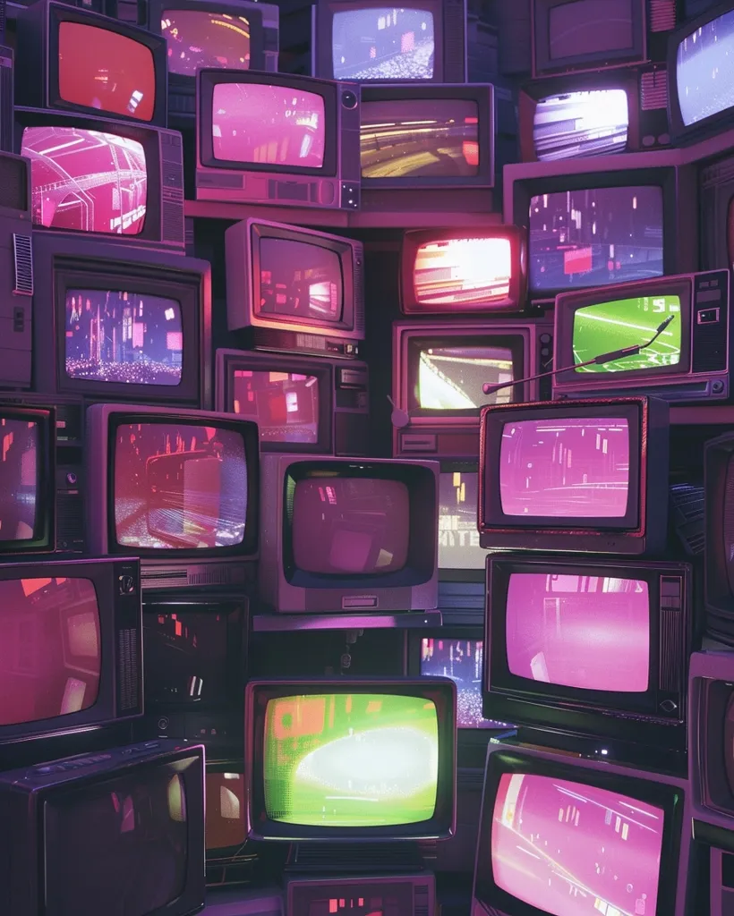 A wall is stacked with vintage televisions, all displaying static or blurry images. The screens are a mix of vibrant colors, including pink, green, and blue. The televisions are in varying sizes and shapes, giving the wall a chaotic and nostalgic feel. The overall tone is one of retro charm and a bygone era of analog technology.