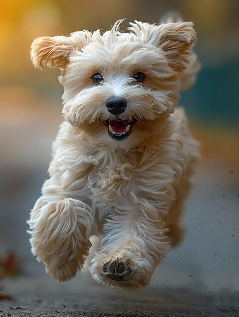 A small, fluffy, light-brown dog with a white patch on its face is running towards the camera. The dog has its tongue out and is smiling, showing its teeth. Its fur is soft and fluffy, and its ears are perked up. The background is blurry, with out-of-focus colors and textures.  The dog looks playful and happy.