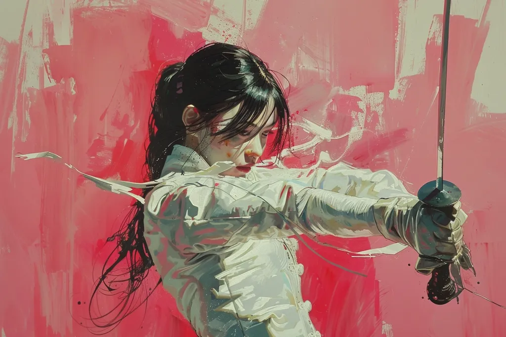 The image is a digital painting of a woman with long black hair. She is wearing a white shirt and black gloves and holding a sword. The background is a vibrant pink with white brushstrokes. The woman's face is partially obscured by her hair and she has a serious expression. The painting evokes a sense of action and drama.