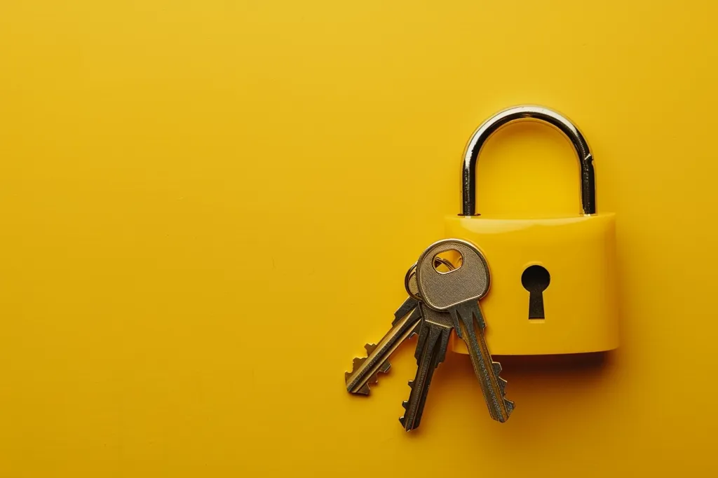A bright yellow padlock with three golden keys attached to it rests on a vibrant yellow background. The padlock is closed, with a keyhole visible. The keys are arranged in a slightly overlapping manner, creating a visual contrast with the solid form of the padlock. The image is simple yet striking, conveying a sense of security and protection.