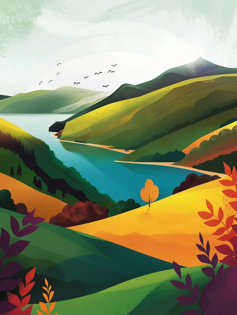 A stylized landscape painting depicting rolling hills and a meandering river. The hills are a mix of greens and browns, with a solitary yellow tree on a golden slope. The river is a vibrant turquoise, contrasting with the surrounding earth tones. A flock of birds flies overhead, adding a sense of movement to the serene scene. The image is characterized by bold colors and simple shapes, creating a whimsical and calming atmosphere.