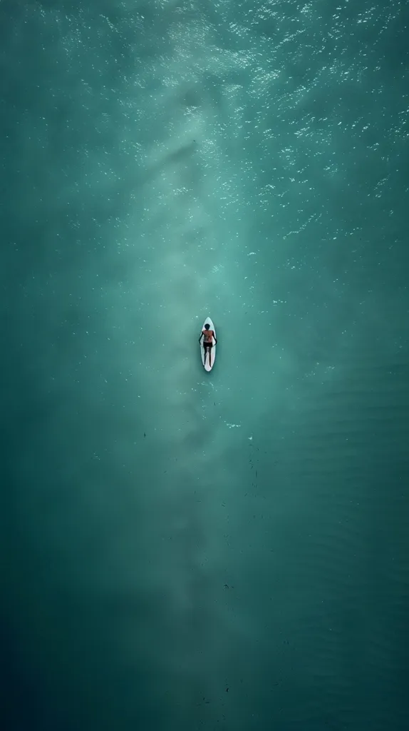 An aerial view of a lone person paddling on a surfboard in a vast expanse of turquoise ocean water. The water is calm and clear, reflecting the sunlight. The surfer is small in comparison to the vastness of the ocean, creating a sense of solitude and tranquility.  The image is simple yet powerful, capturing the essence of freedom and connection with nature.