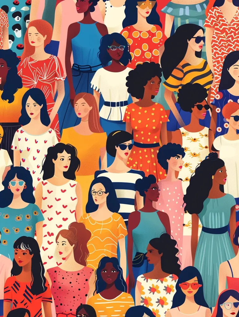 The image is a colorful illustration featuring a crowd of diverse women.  They are all standing close together, their faces expressing a range of emotions. The women are wearing vibrant outfits with geometric patterns, floral prints, and stripes. The overall image conveys a sense of unity and diversity.