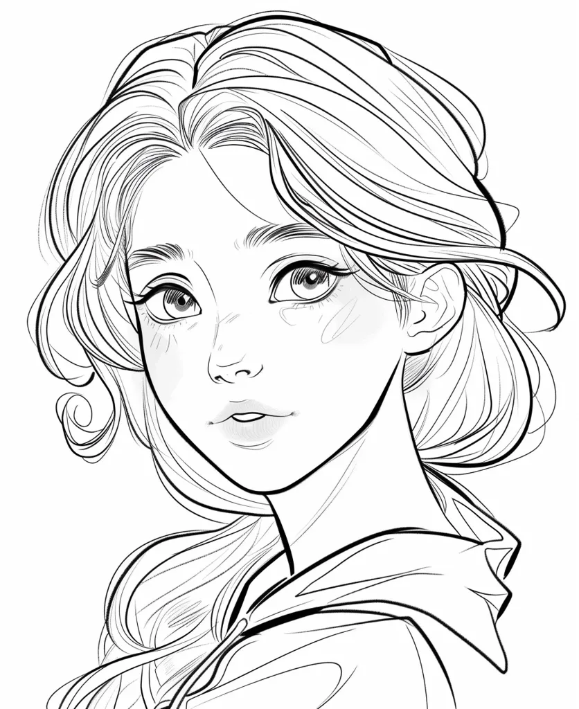 The image is a line drawing of a woman's face. Her hair is long and flowing, pulled back from her face. Her eyes are large and expressive, and her lips are slightly parted. She has a soft, delicate look. The drawing is done in black and white, creating a stark contrast. The woman's expression is calm and serene. She appears to be looking off into the distance, lost in thought.