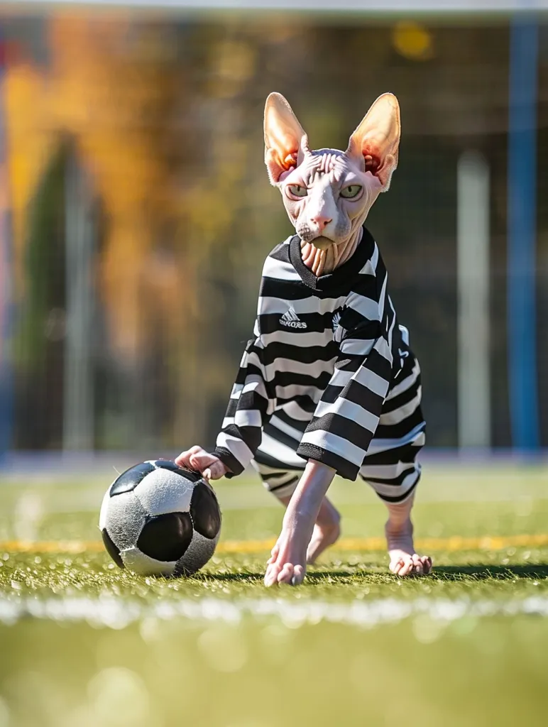 A hairless cat wearing a black and white striped shirt is on a green grassy field. The cat has a serious expression on its face and is looking at the camera. The cat is holding a soccer ball with its paw. The background is out of focus, but there is a blurry image of a fence or a goal in the background.