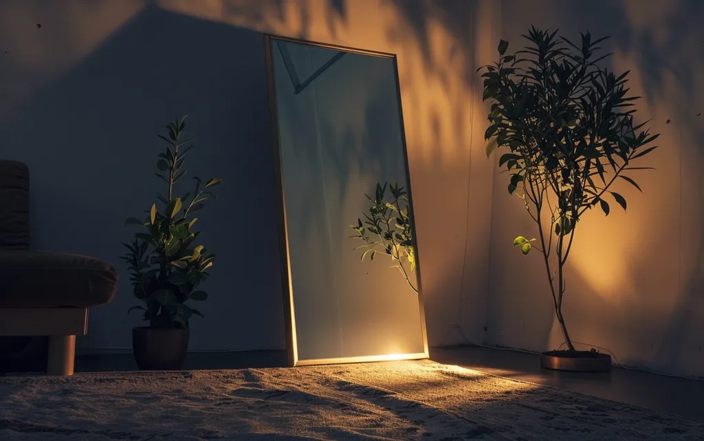 A large, rectangular mirror with a golden frame stands against a wall, casting a warm glow on the floor. A potted plant sits in front of the mirror, its leaves reflecting in the glass.  A sofa is partially visible in the left frame, with a second plant positioned beside it. The room is bathed in warm light, creating a cozy and inviting atmosphere.