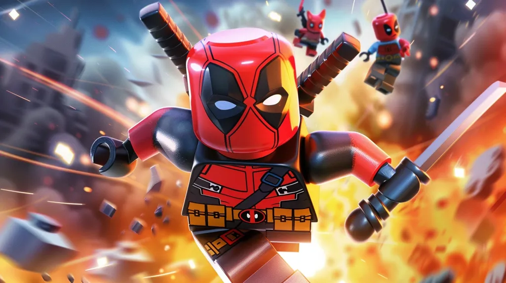 A Lego Deadpool figure stands in the midst of a fiery explosion.  His iconic red and black suit is well-defined, and he holds a katana in his right hand. Two other Deadpool figures are in the background. The image is set against a backdrop of blurry orange and yellow flames.  The overall effect is one of dynamic action and playful chaos.