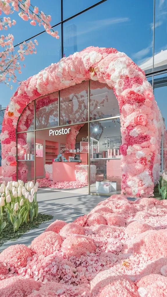 A storefront decorated with a pink flower archway and pink flowers on the ground. The storefront is a glass facade with a sign that reads "Prostor". The flowers are in bloom and are very vibrant. The storefront has a display of products inside.  The scene is cheerful and festive.
