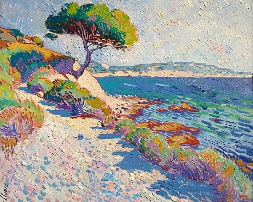 A painting of a seascape with a lone tree on the shore, the scene is rendered in a vibrant palette of blues, greens and yellows. The brushstrokes are thick and visible, adding texture to the canvas. The tree leans over the water, its branches outstretched towards the blue sky. The beach is made of white sand and small, colorful pebbles. The water is a mix of turquoise and deep blue, with waves crashing on the shore. The painting evokes a sense of tranquility and peace.