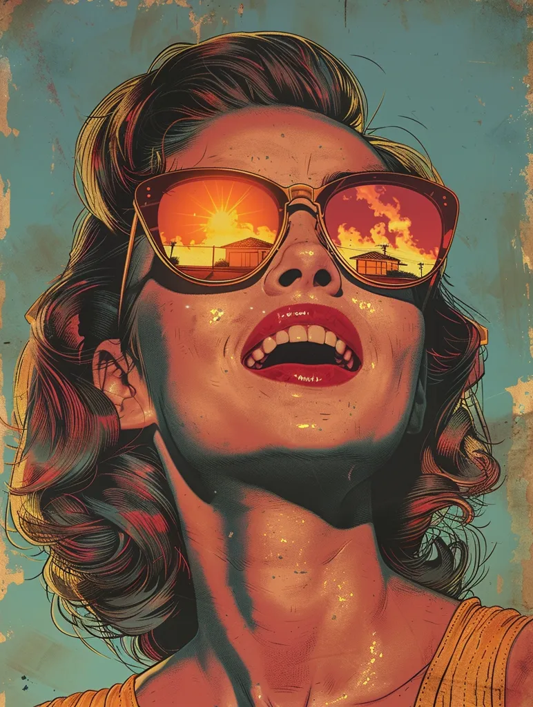 A woman with dark, curly hair is wearing large, gold-rimmed sunglasses that reflect a sunset and a silhouette of buildings. She is looking up with her mouth open in a joyful expression. The background is a faded blue-green with a textured, vintage look. The image evokes a sense of summer and carefree joy.