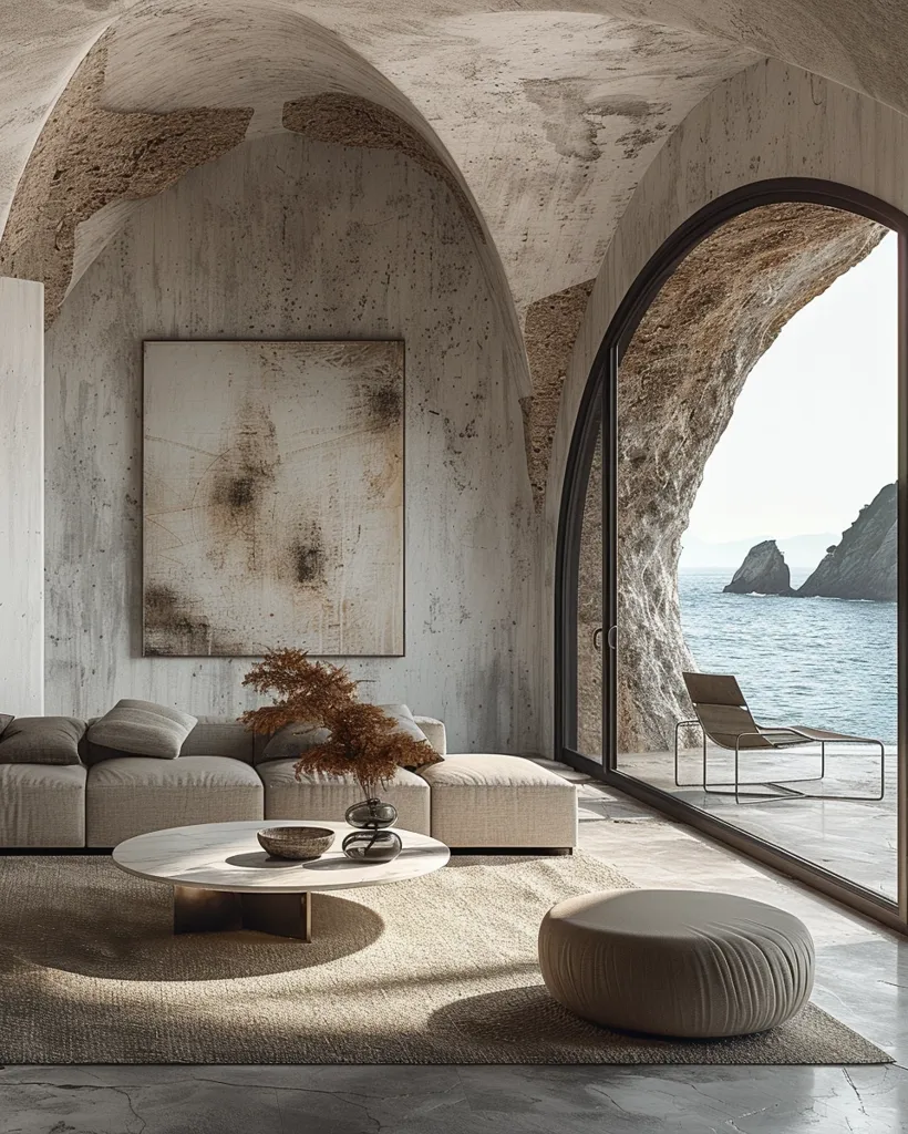 The image shows a modern living room with a large, arched window that overlooks a serene seascape. The room is decorated in a minimalist style, featuring a beige sofa, a round coffee table, and a large abstract painting on the wall. The room's rough-textured walls and vaulted ceiling create a cozy and inviting atmosphere. Natural light floods the room through the expansive window, casting warm shadows on the floor and furniture. The overall aesthetic is one of tranquility and sophistication.