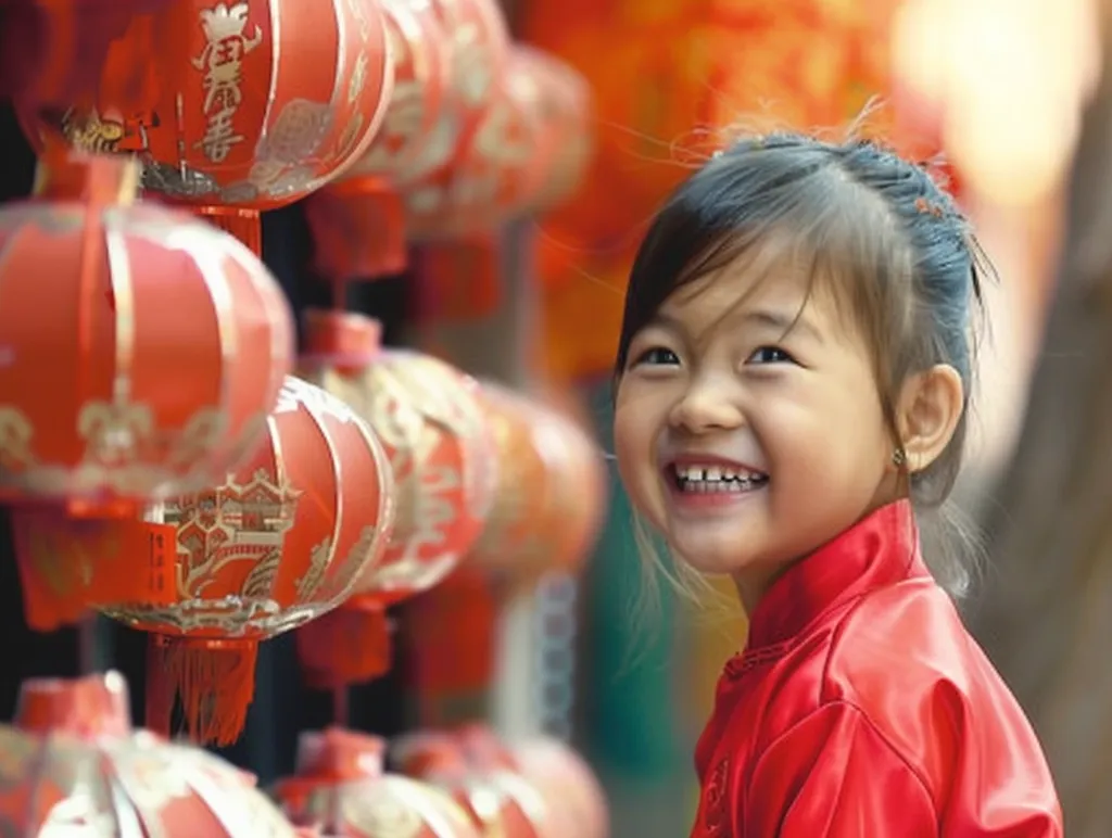 A young girl in a red jacket smiles brightly at the camera, surrounded by rows of traditional red lanterns with gold detailing. The scene is festive and likely celebratory, suggesting a cultural event or holiday. The girl's happiness and the vibrant colors create a joyful and cheerful atmosphere.