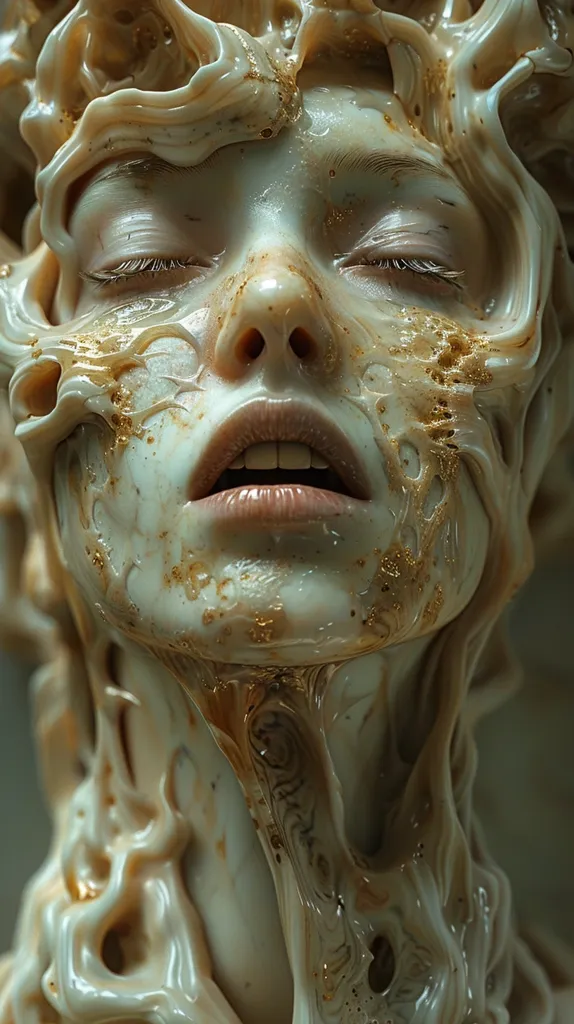 The image depicts a close-up of a face encased in a viscous, translucent material. The material is reminiscent of dripping honey, with a golden hue and intricate patterns. The face is pale and appears to be in distress, with closed eyes and an open mouth. The overall effect is unsettling and otherworldly, suggesting a creature or being trapped in a strange substance.