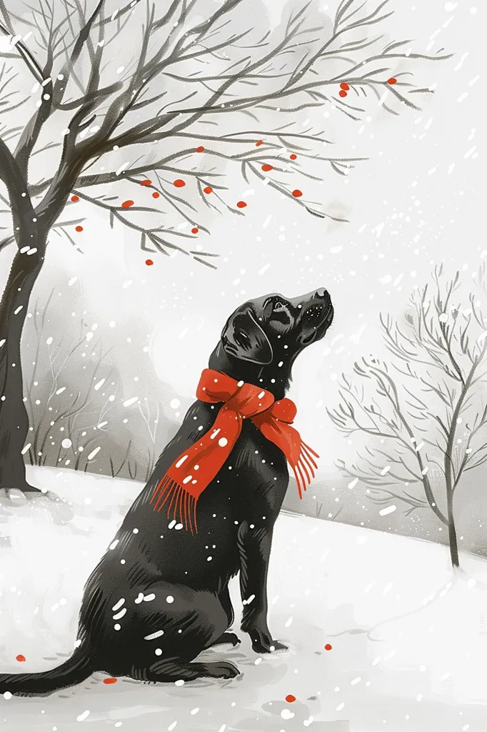 A black labrador retriever wearing a red scarf sits in the snow, looking up at a bare tree with red berries. The snow is falling and the ground is covered in white. The dog is in the foreground and the tree is in the background. The scene is simple and peaceful, with a hint of winter magic.