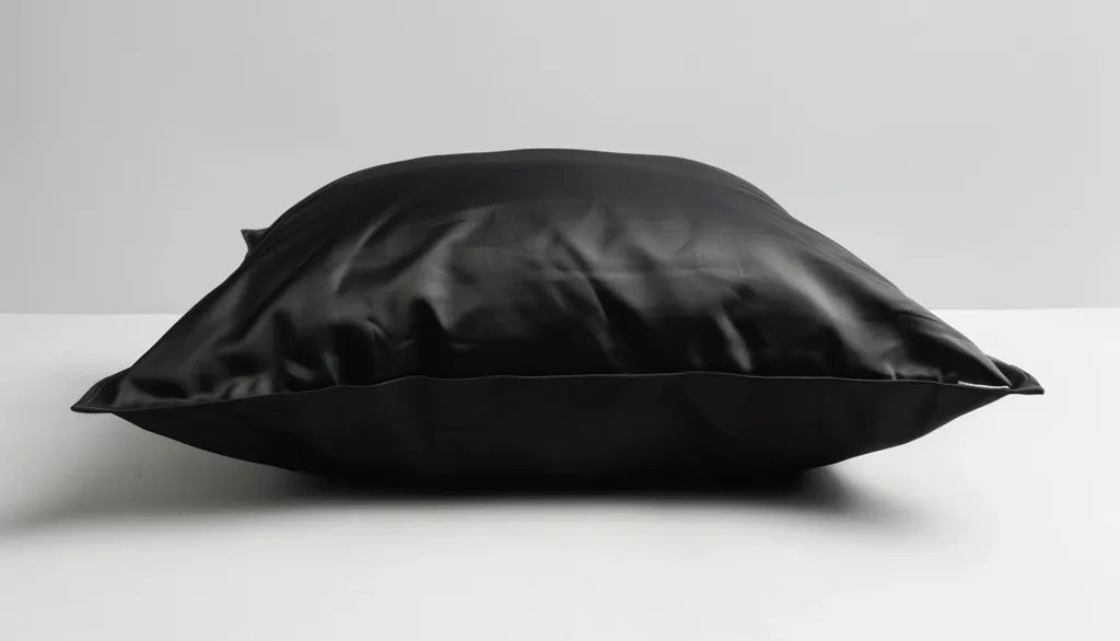 A black satin pillow sits on a white surface. It has a smooth, luxurious texture with subtle folds and a slightly shiny finish.  The pillow is rectangular with slightly rounded corners and has a simple, elegant design.