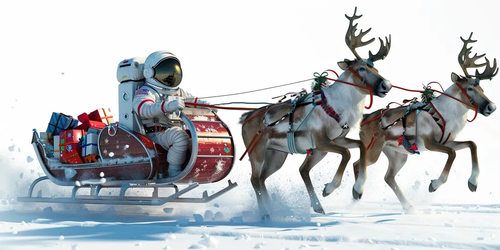 An astronaut dressed in a white spacesuit sits in a red sleigh pulled by two reindeer.  The sleigh is full of Christmas presents.  The astronaut is smiling as he rides through the snow.